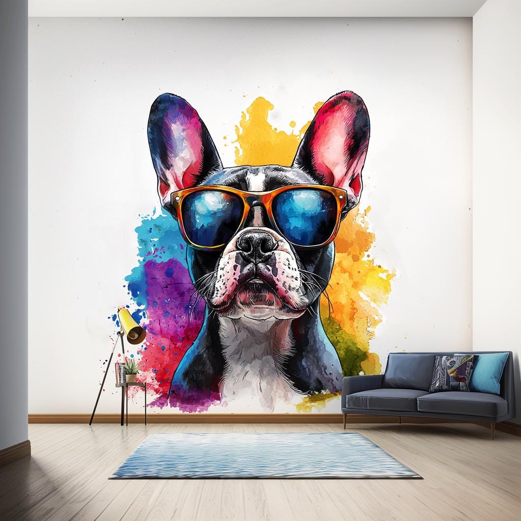 French Bulldog Wall Decal with Sunglasses | Colorful Watercolor Splash Pet Dog Sticker | Trendy Pet Themed Room Decor | Modern Home Decal