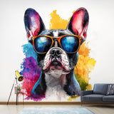 French Bulldog Wall Decal with Sunglasses | Colorful Watercolor Splash Pet Dog Sticker | Trendy Pet Themed Room Decor | Modern Home Decal