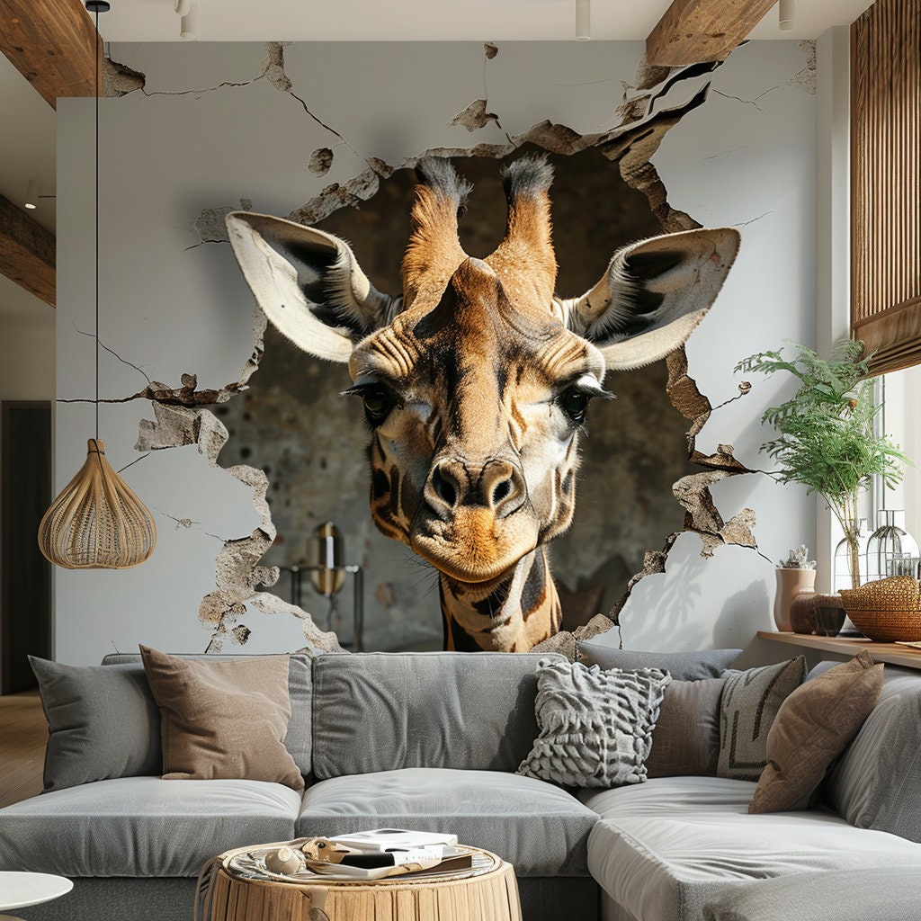 Realistic 3D Giraffe Head Wall Decal Sticker - Fun Safari Animal Breaking Through Wall Art - Whimsical Room Decor for Living Room Mural