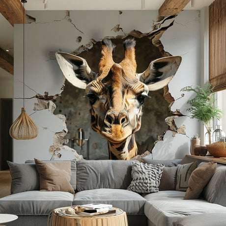 Realistic 3D Giraffe Head Wall Decal Sticker - Fun Safari Animal Breaking Through Wall Art - Decords