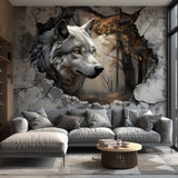 Realistic 3D Wolf Forest Wall Decal Sticker - Majestic Wolf Breaking Through Wall - Enchanted Forest Animal Decor for Living Room, Office