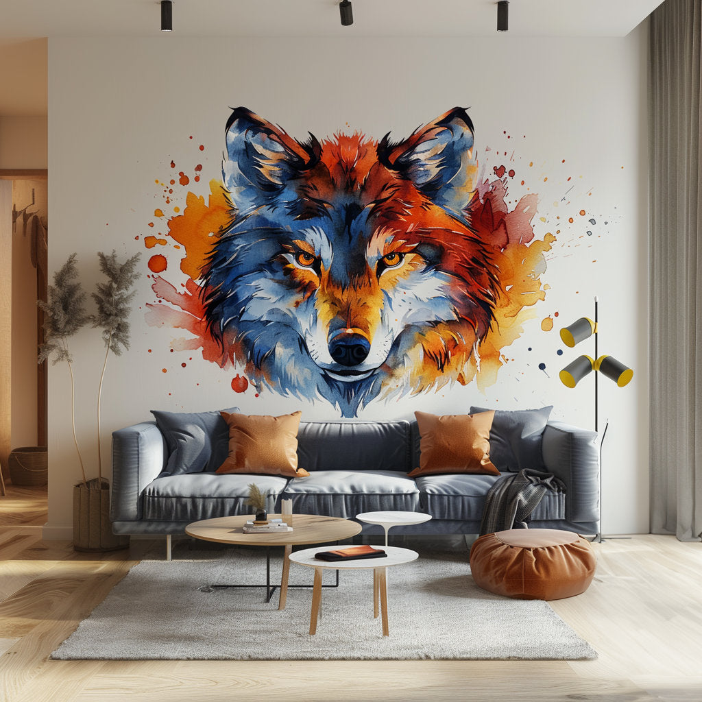 Vibrant Watercolor Wolf Face Wall Decal Sticker - Artistic Animal Decor for Living Room, Creative Space - Decords