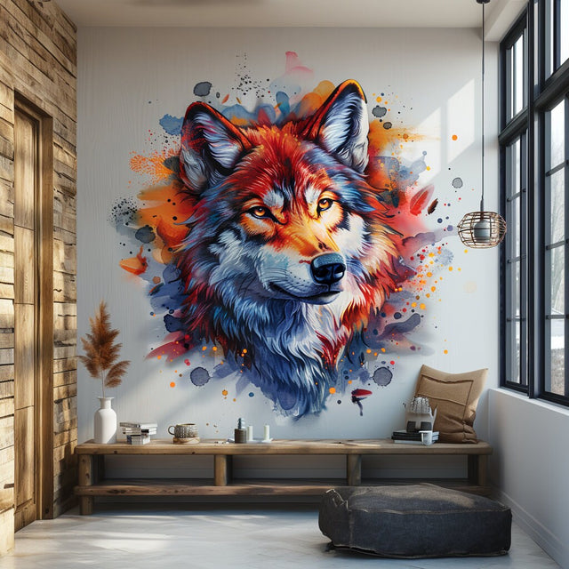 Vibrant Watercolor Wolf Head Wall Decal - Artistic Animal Sticker for Living Room, Bedroom, Creative Space - Unique Wolf Wall Art Decor