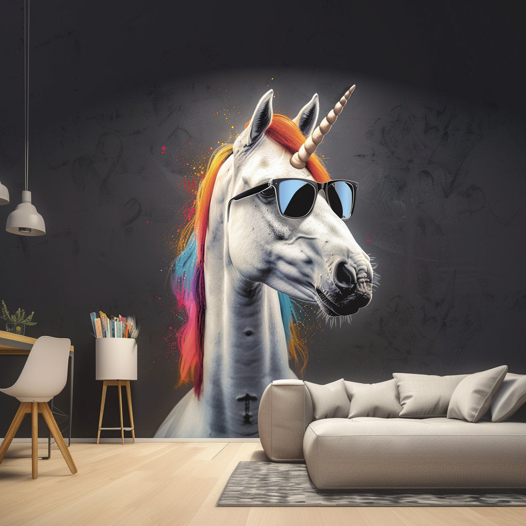 Graffiti Unicorn Wall Sticker - Photo realistic Unicorn with Sunglasses Decal - Bold Vibrant Wall Art for Living Room, Creative Studio