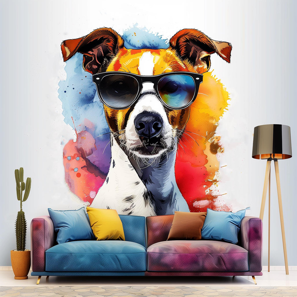 Colorful Jack Russell Terrier Wall Sticker with Sunglasses | Watercolor Dog Art Decal | Fun Pet Lover Home Decor | Living Room Wall Art