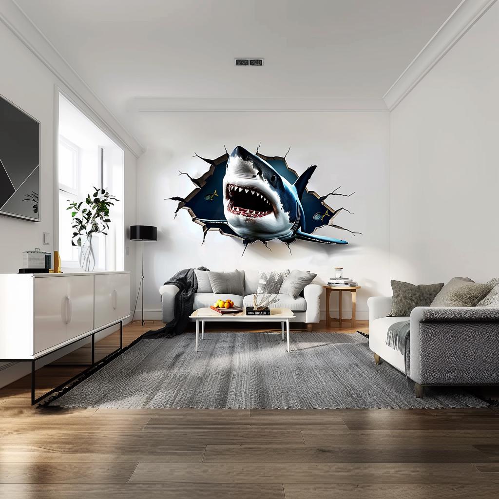 3D Great White Shark Wall Sticker | Crack Hole Realistic Shark Wall Decal | Ocean Adventure Portal Home Decor | Unique Living Room Wall Art