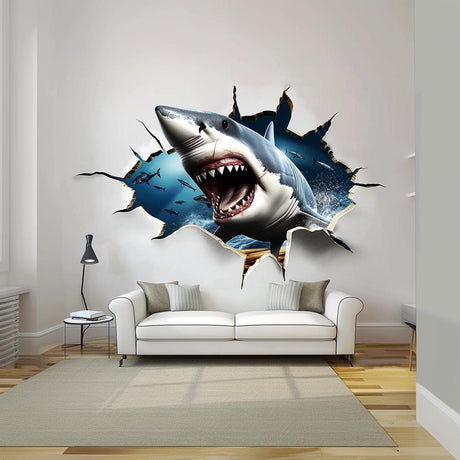 3D Crack White Shark Wall Sticker | Realistic Wall Hole Shark Decal | Scary Ocean Theme Portal Home Decor | Unique Living Room Wall Art