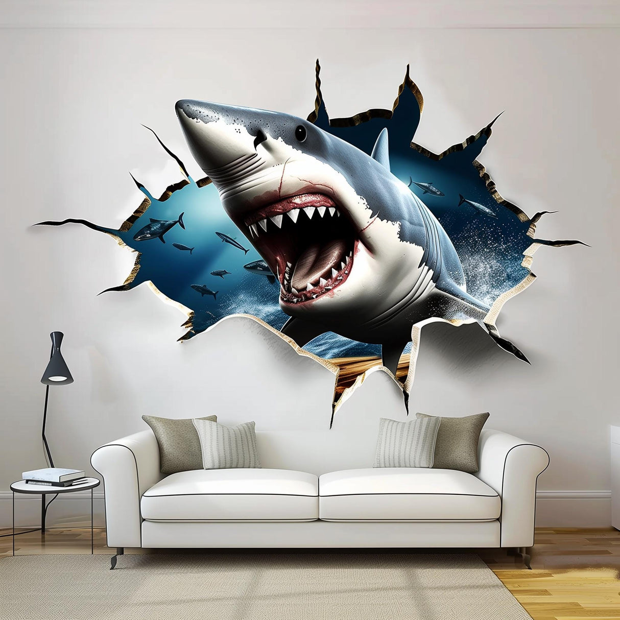 3D Crack White Shark Wall Sticker | Realistic Wall Hole Shark Decal | Scary Ocean Theme Portal Home Decor | Unique Living Room Wall Art - Decords