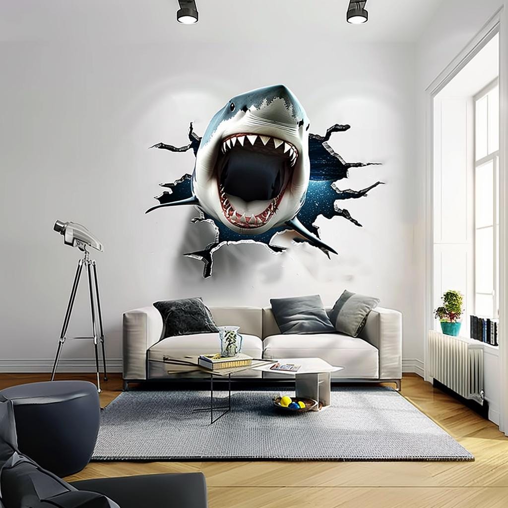 3D White Shark Wall Decal | Realistic Shark with Open Jaws Wall Sticker | Hole with Cracks Ocean Themed Home Decor | Living Room Portal - Decords