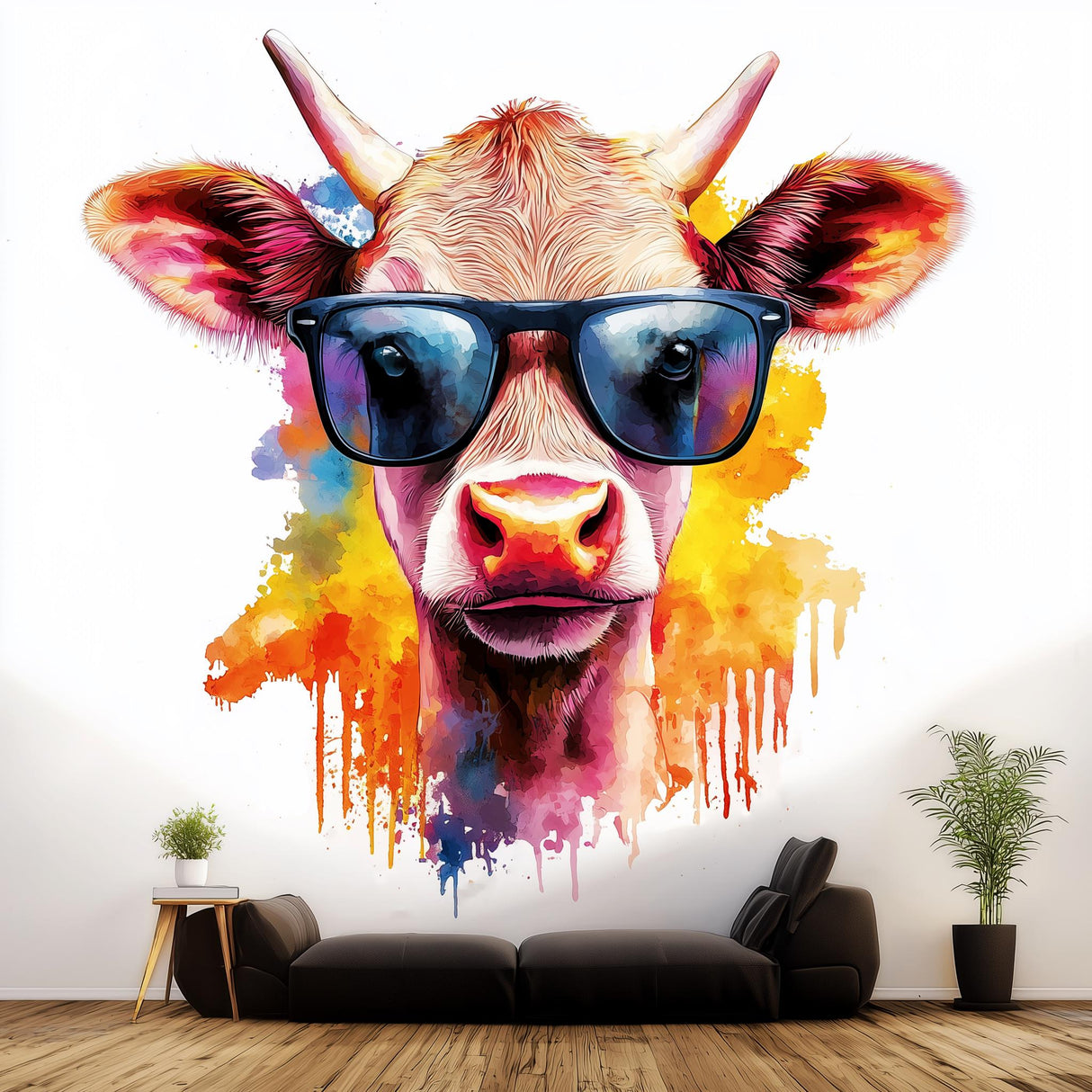 Baby Cow with Sunglasses Sticker | Colorful Watercolor Splash Art Decals | Fun Kids Room Decor | Photorealistic Animal Wall Sticker - Decords