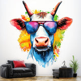 Cool Cow with Sunglasses Wall Decal | Colorful Watercolor Splash Art Sticker | Fun Kids Room Decor | Photorealistic Animal Wall Decals - Decords