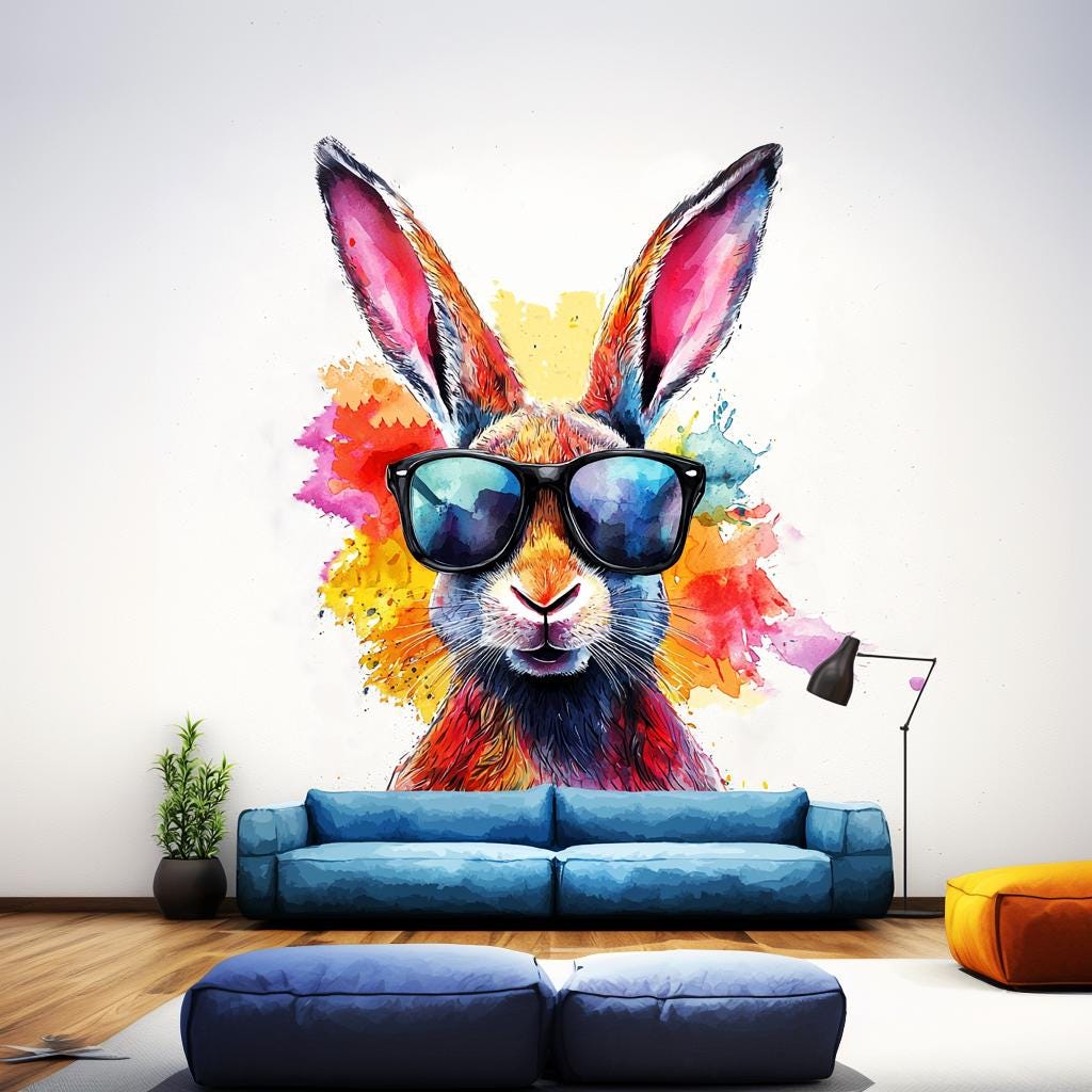 Colorful Rabbit with Sunglasses Wall Decal | Vibrant Watercolor Art Sticker | Fun and Playful Animal Wall Sticker | Room Decor for Kids