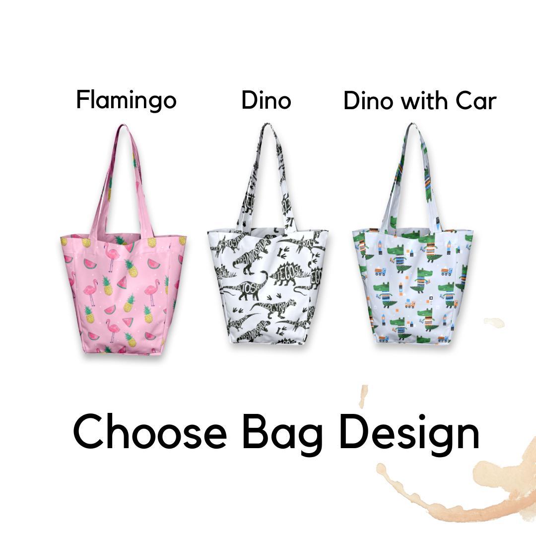 Kids Shopper Bag | Grey Dino and Cars Tote | Eco-Friendly Kids Bag | Cute Dinosaurs and Durable Small Tote Bags - Decords