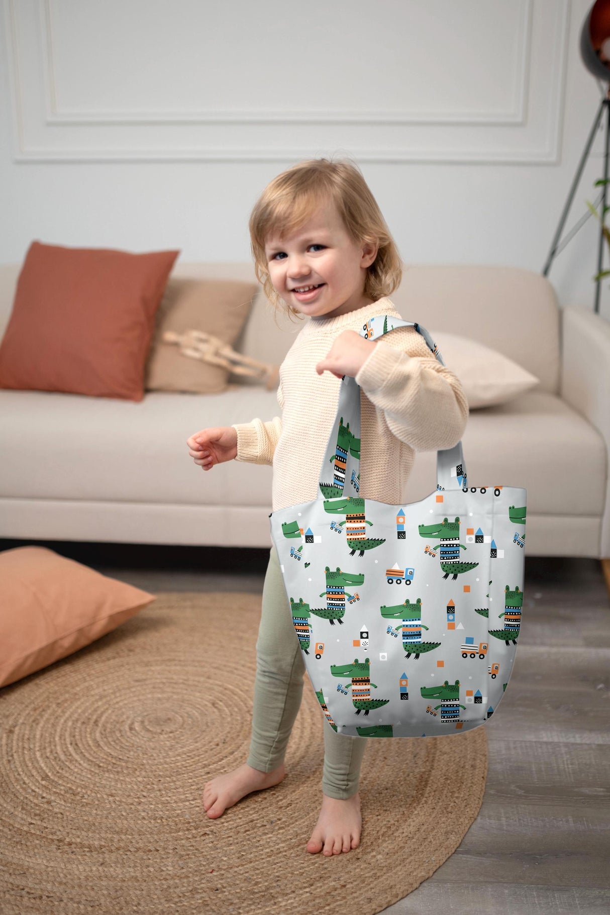 Kids Shopper Bag | Grey Dino and Cars Tote | Eco-Friendly Kids Bag | Cute Dinosaurs and Durable Small Tote Bags - Decords