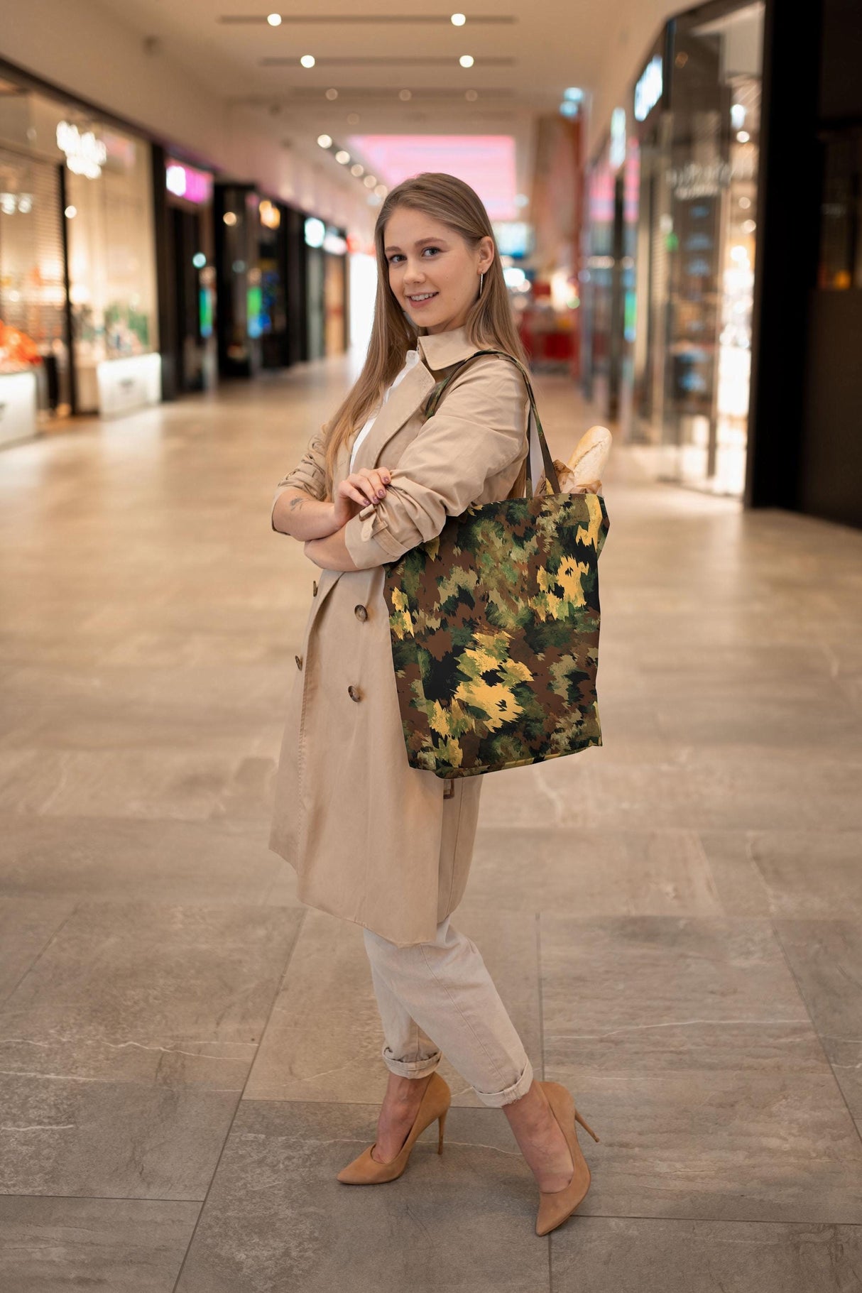 Women's Black Shopper Bag with Military Brown Patterns | Large Tote with Wallet | Stylish Durable Travel Bag | Versatile Beach and Gym Bag