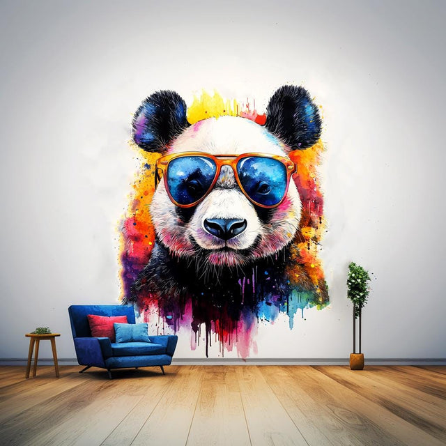 Vibrant Panda Wall Decal with Sunglasses | Watercolor Splash Bear Sticker | Cool Animal Nursery Decor | Fun Kids' Room Decals