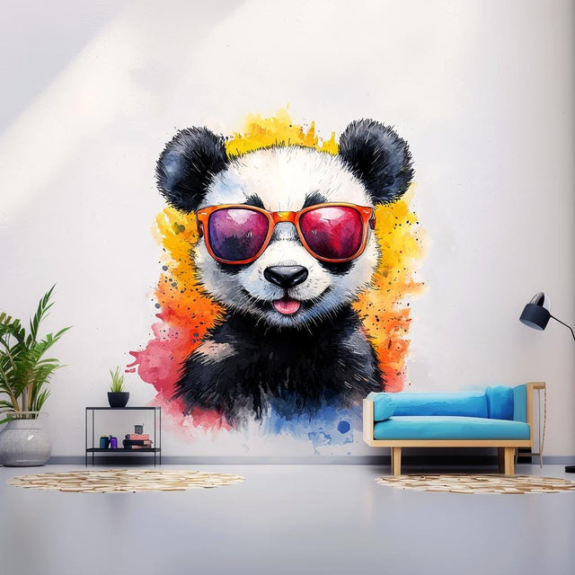 Adorable Baby Panda Wall Decal with Sunglasses | Colorful Watercolor Splash Baby Bear Sticker | Cute Animal Wall Decals