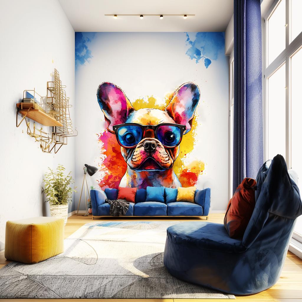 Adorable Baby French Bulldog Wall Decal with Sunglasses | Colorful Watercolor Splash Puppy Sticker Art | Fun Pet Themed Room Decor Decals