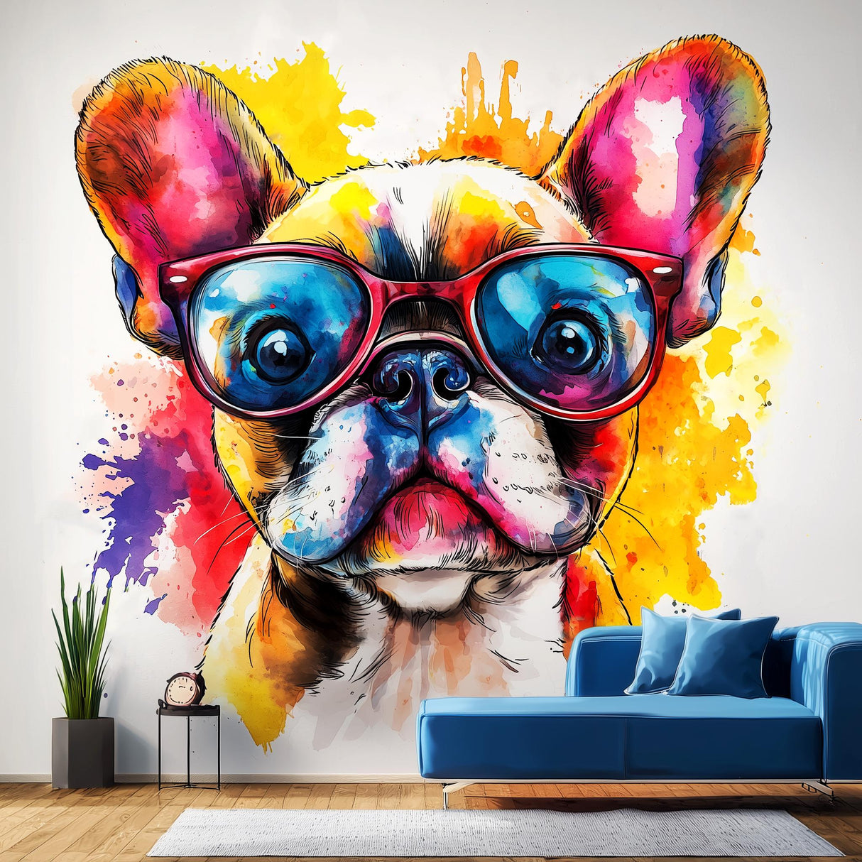 Vibrant Baby French Bulldog Wall Decal with Colorful Sunglasses | Watercolor Splash Cute Puppy Dog Sticker Art | Pet Lovers Room Decor Decal - Decords