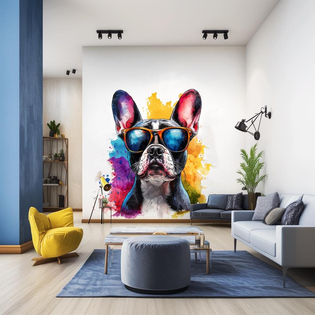 French Bulldog Wall Decal with Sunglasses | Colorful Watercolor Splash Pet Dog Sticker | Trendy Pet Themed Room Decor | Modern Home Decal