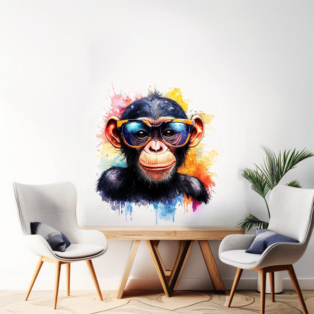 Colorful Baby Chimpanzee Wall Sticker | Cute Animal Decal | Playful Kids Room Decor | Cool Chimp Wall Decal with Sunglasses Fun Nursery Art