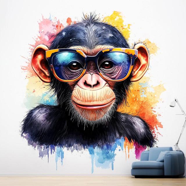 Colorful Baby Chimpanzee Wall Sticker | Cute Animal Decal | Playful Kids Room Decor | Cool Chimp Wall Decal with Sunglasses Fun Nursery Art - Decords