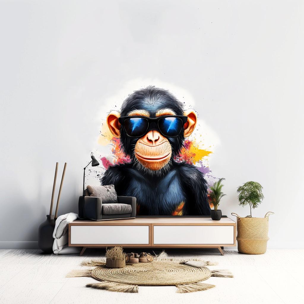 Cool Baby Chimpanzee Wall Sticker | Playful Animal Decal | Colorful Wall Art with Sunglasses | Fun Kids Room Decor Vibrant Chimp Wall Decal - Decords