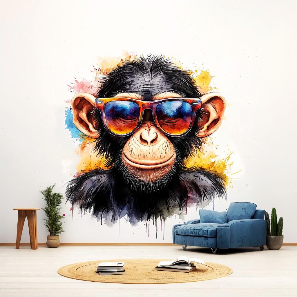 Vibrant Baby Chimpanzee Wall Sticker | Cool Animal Decal | Colorful Chimp Wall Decal with Sunglasses | Playful Nursery Wall Art