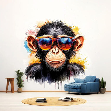 Vibrant Baby Chimpanzee Wall Sticker | Cool Animal Decal | Colorful Chimp Wall Decal with Sunglasses | Playful Nursery Wall Art - Decords