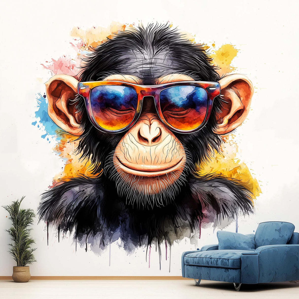 Vibrant Baby Chimpanzee Wall Sticker | Cool Animal Decal | Colorful Chimp Wall Decal with Sunglasses | Playful Nursery Wall Art - Decords