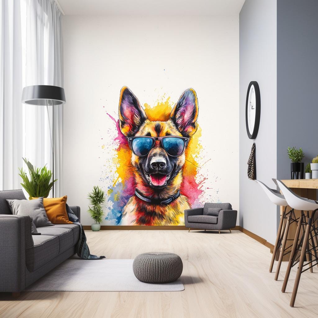 Vibrant German Shepherd Wall Sticker | Cute Dog Decal with Sunglasses | Colorful Puppy Wall Art | Pet Decor for Nursery | Fun Wall Decal