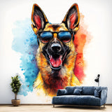 Colorful German Shepherd Wall Sticker | Cool Dog Decal with Sunglasses | Fun Puppy Wall Art | Playful Pet Decor for Kids Vibrant Wall Decal