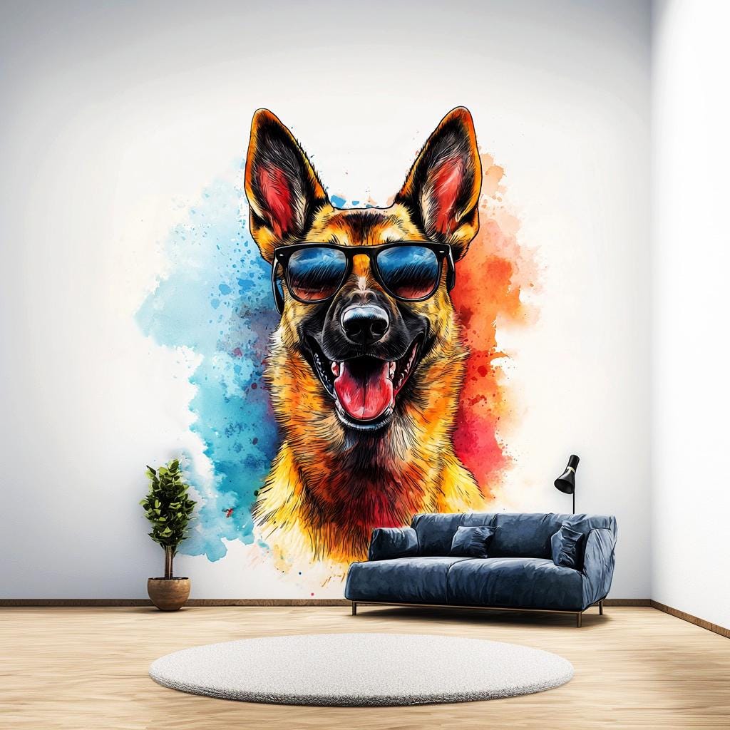 Colorful German Shepherd Wall Sticker | Cool Dog Decal with Sunglasses | Fun Puppy Wall Art | Playful Pet Decor for Kids Vibrant Wall Decal