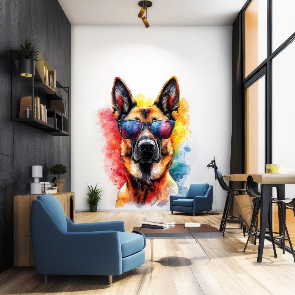 Photorealistic German Shepherd Wall Sticker | Cool Dog Decal with Sunglasses | Colorful Dogs Wall Art | Playful Pet Decor Vibrant Wall Decal