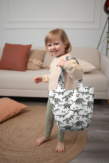 Kids Shopper Bag | White Dinosaur Tote | Eco-Friendly Kids Tote | Cute and Durable Totes Bag for Kids