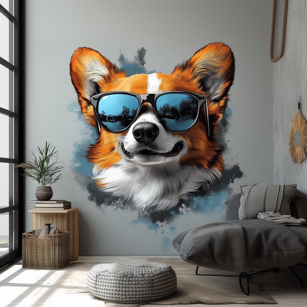 Corgi with Sunglasses Wall Decal | Cool Dog Wall Art | Removable Animal Wall Sticker | Fun Puppy Themed Room Decor for Kids, Living Room - Decords