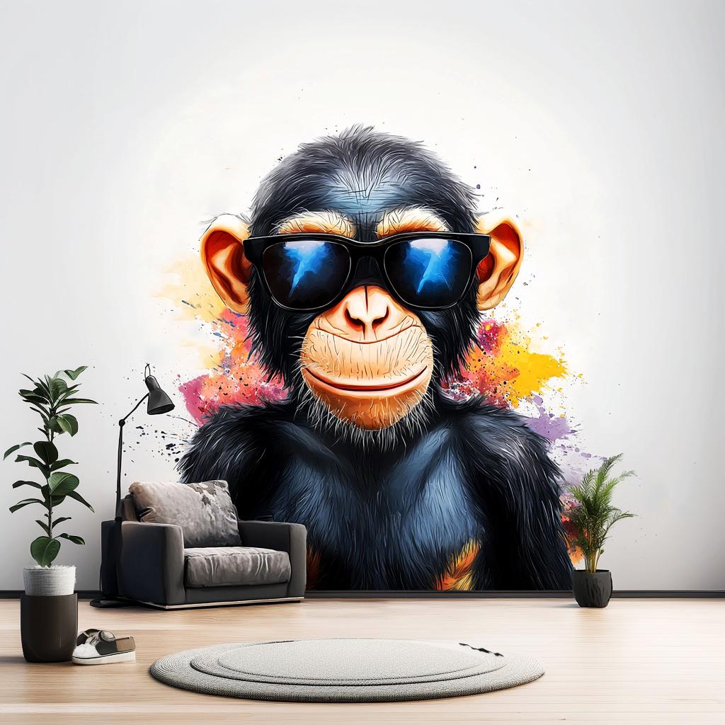 Cool Baby Chimpanzee Wall Sticker | Playful Animal Decal | Colorful Wall Art with Sunglasses | Fun Kids Room Decor Vibrant Chimp Wall Decal - Decords