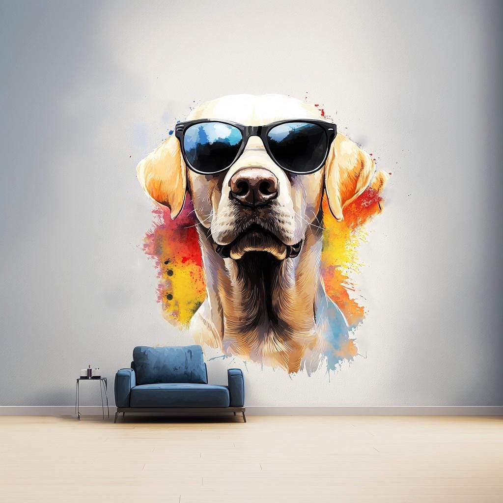 Photorealistic Labrador Wall Sticker | Cool Dog Decal with Sunglasses | Fun Animal Wall Art | Playful Pet Decor | Vibrant Wall Decal