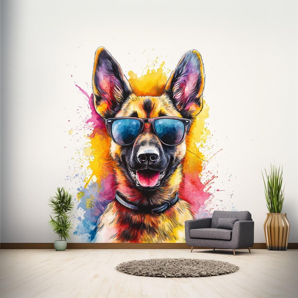 Vibrant German Shepherd Wall Sticker | Cute Dog Decal with Sunglasses | Colorful Puppy Wall Art | Pet Decor for Nursery | Fun Wall Decal - Decords