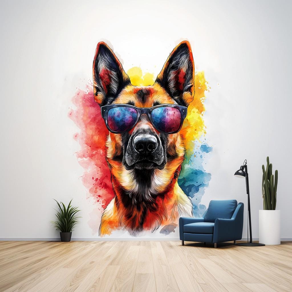 Photorealistic German Shepherd Wall Sticker | Cool Dog Decal with Sunglasses | Colorful Dogs Wall Art | Playful Pet Decor Vibrant Wall Decal