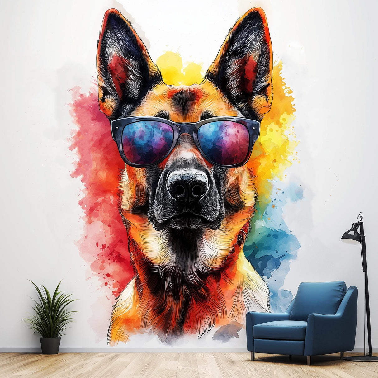 Photorealistic German Shepherd Wall Sticker | Cool Dog Decal with Sunglasses | Colorful Dogs Wall Art | Playful Pet Decor Vibrant Wall Decal - Decords