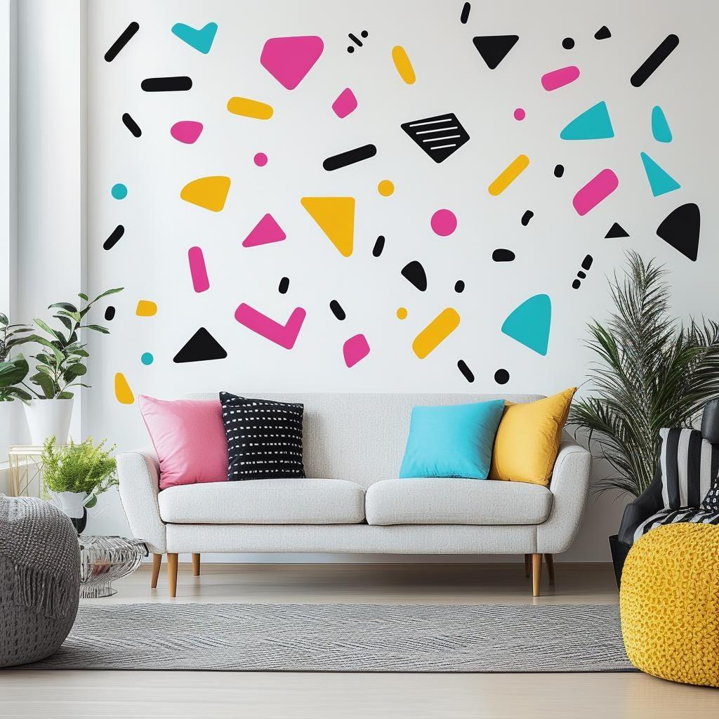 Memphis Pattern Wall Decal | Colorful Geometric Shape Stickers | Removable Modern Art Wall Decor for Living Room, Office, or Kids Room - Decords