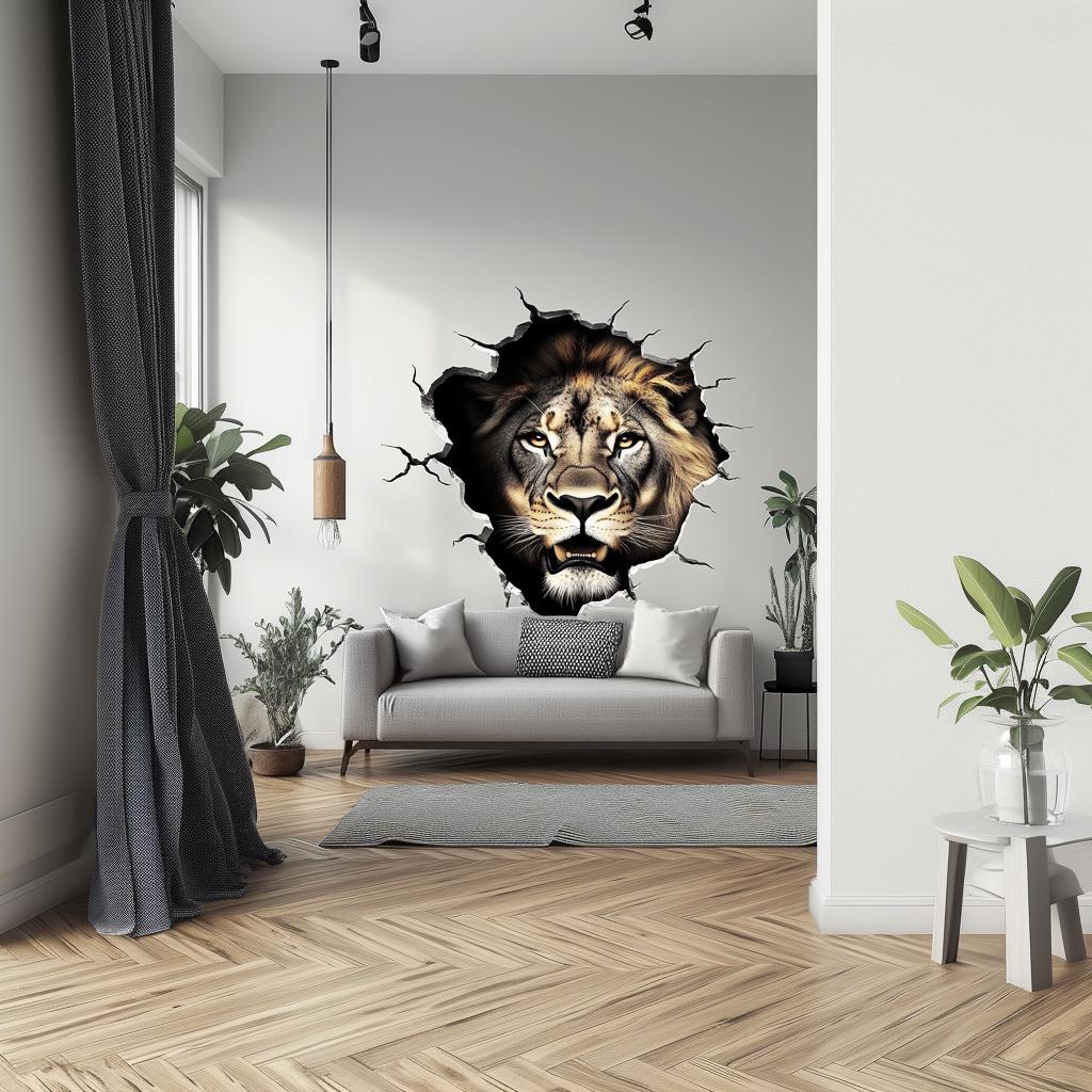 Lion Wall Decal | 3D Breakthrough Lion Head Sticker | Bold Animal Wall Art for Living Room, Office, or Man Cave | Removable Wall Decor - Decords