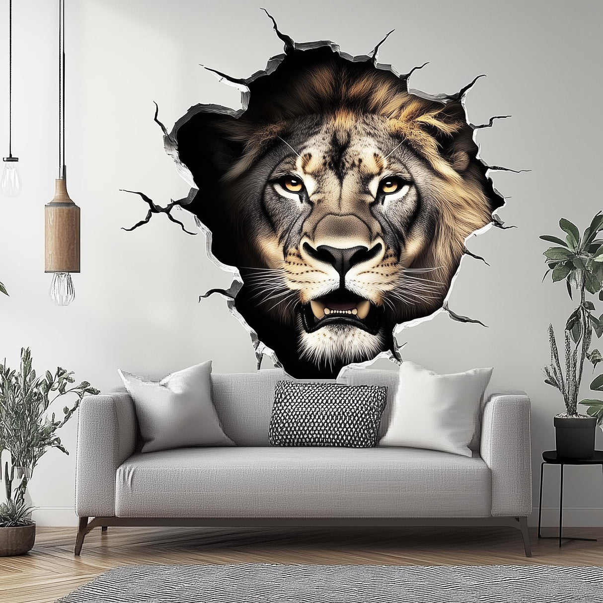 Lion Wall Decal | 3D Breakthrough Lion Head Sticker | Bold Animal Wall Art for Living Room, Office, or Man Cave | Removable Wall Decor - Decords