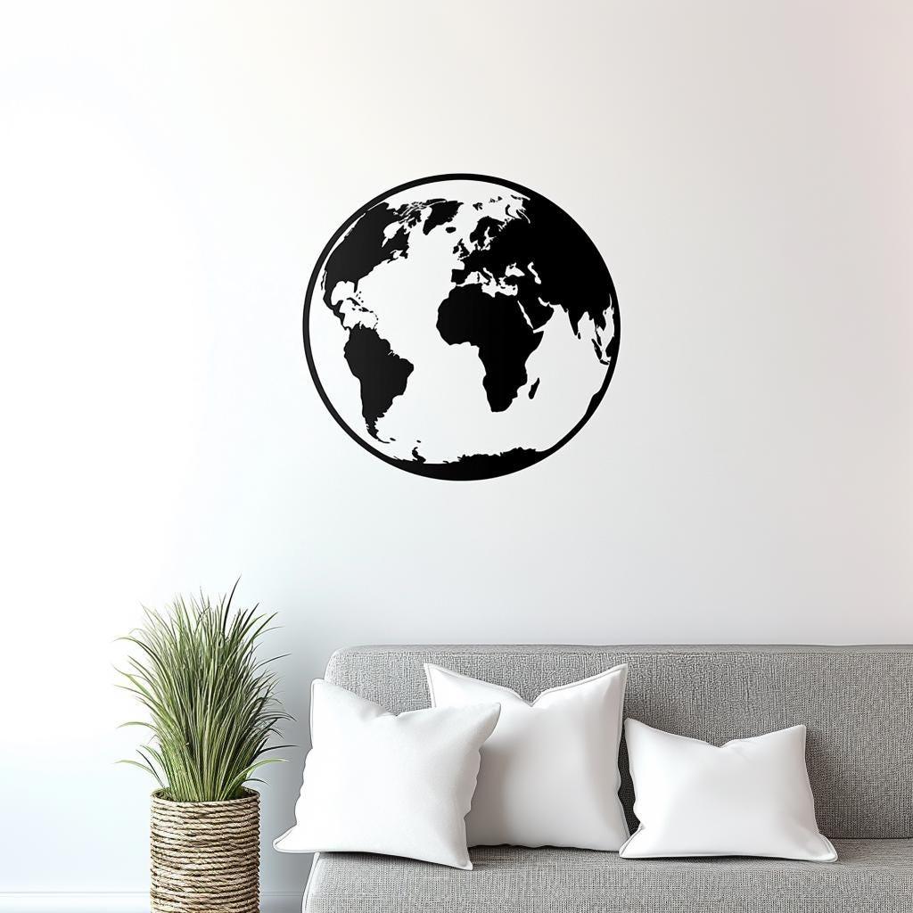 Globe Wall Decal | Minimalist World Map Black Sticker | Modern Earth Wall Art for Living Room, Office, or Classroom Decor Line Art - Decords