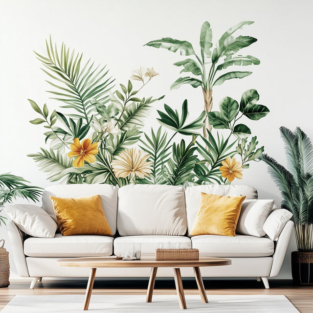 Botanical Wall Decal | Tropical Leaf and Flower Wall Sticker | Removable Nature-Inspired Wall Art for Living Room, Bedroom, or Office Decor - Decords