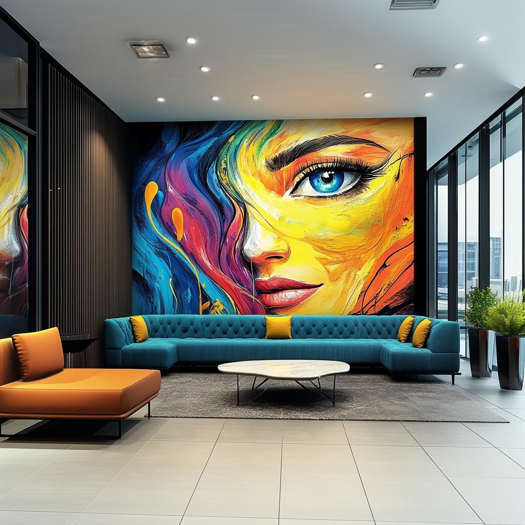 Colorful Abstract Woman's Face Wallpaper Decal | Bold Rainbow Wall Mural Sticker | Large Vinyl Wall Art for Living Room, Office, Hotel Decor - Decords