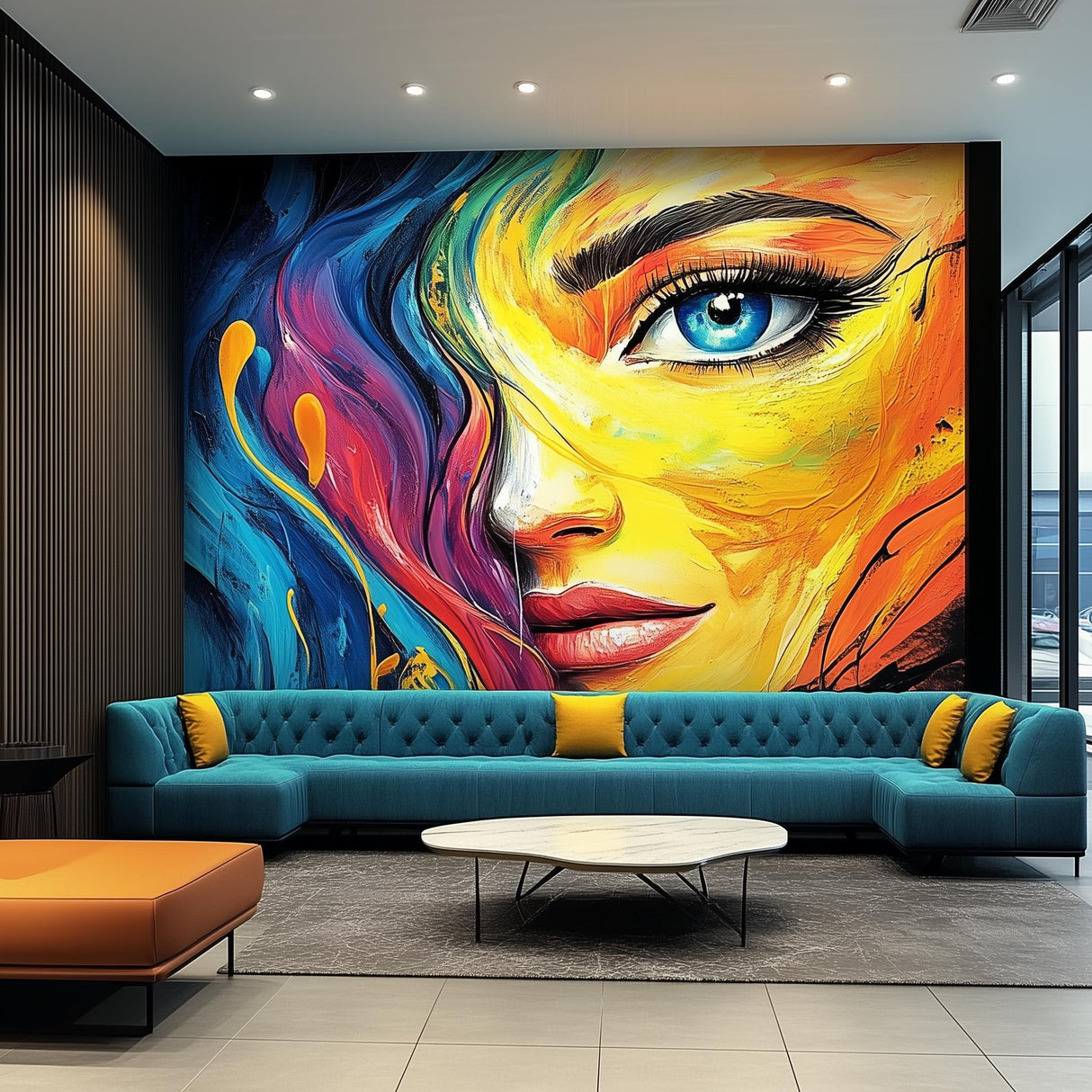 Colorful Abstract Woman's Face Wallpaper Decal | Bold Rainbow Wall Mural Sticker | Large Vinyl Wall Art for Living Room, Office, Hotel Decor - Decords