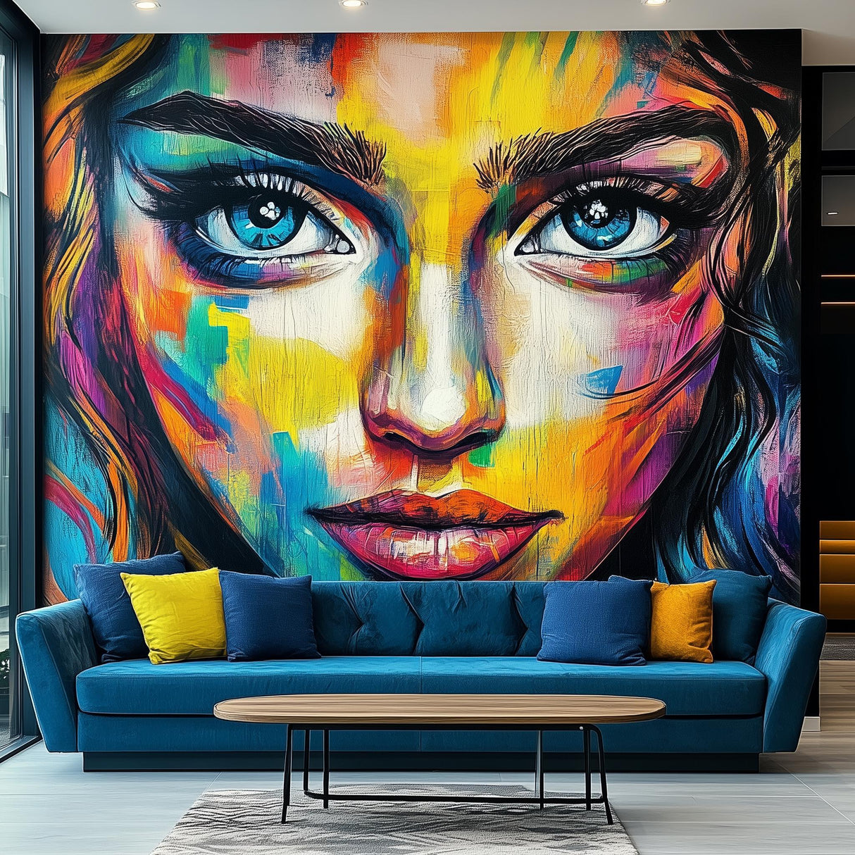 Vibrant Abstract Woman's Face Wallpaper Sticker | Large Wall Mural | Peel and Stick Vinyl Art Decal for Living Room, Office, or Lobby Decor - Decords