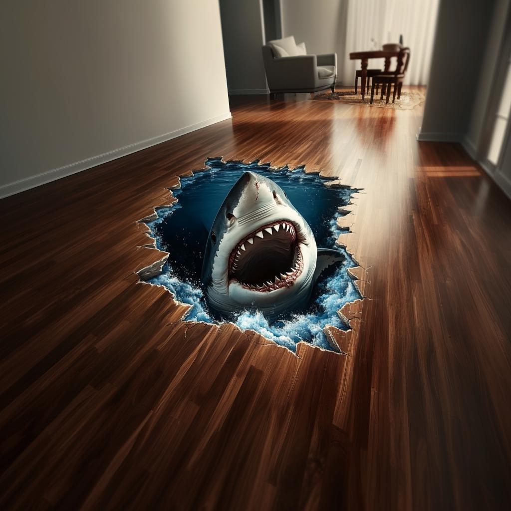 3D Shark Floor Sticker | Realistic Shark Vinyl Floor Decal | Shark Breakthrough Ocean Floor Art | Peel and Stick Vinyl Flooring Decoration - Decords